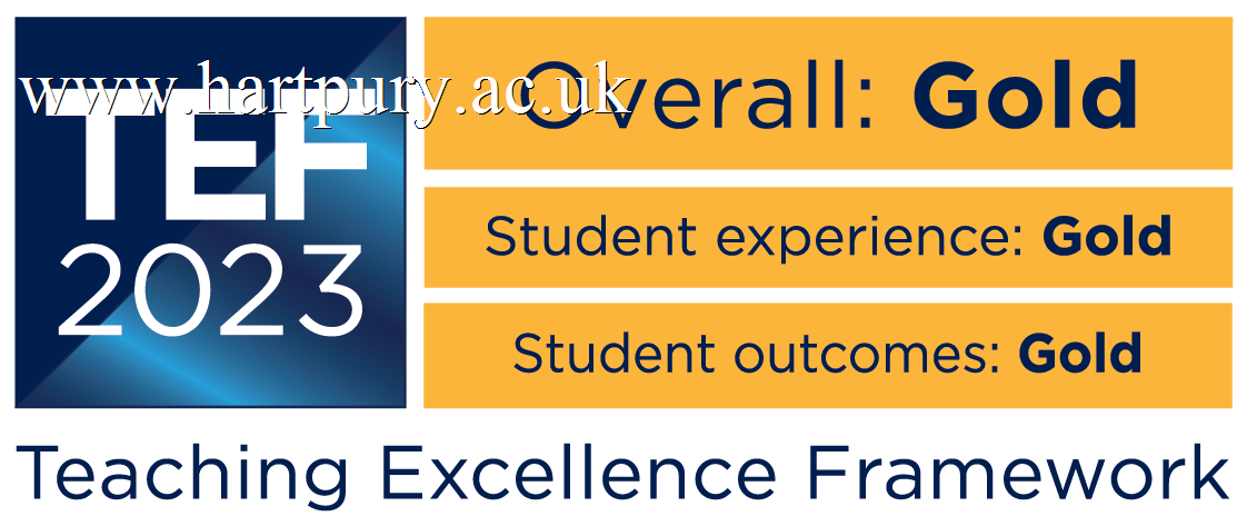 Logo representing Hartpury University winning Gold in all three areas of student experience, student outcomes and overall in the Teaching Excellence Framework 