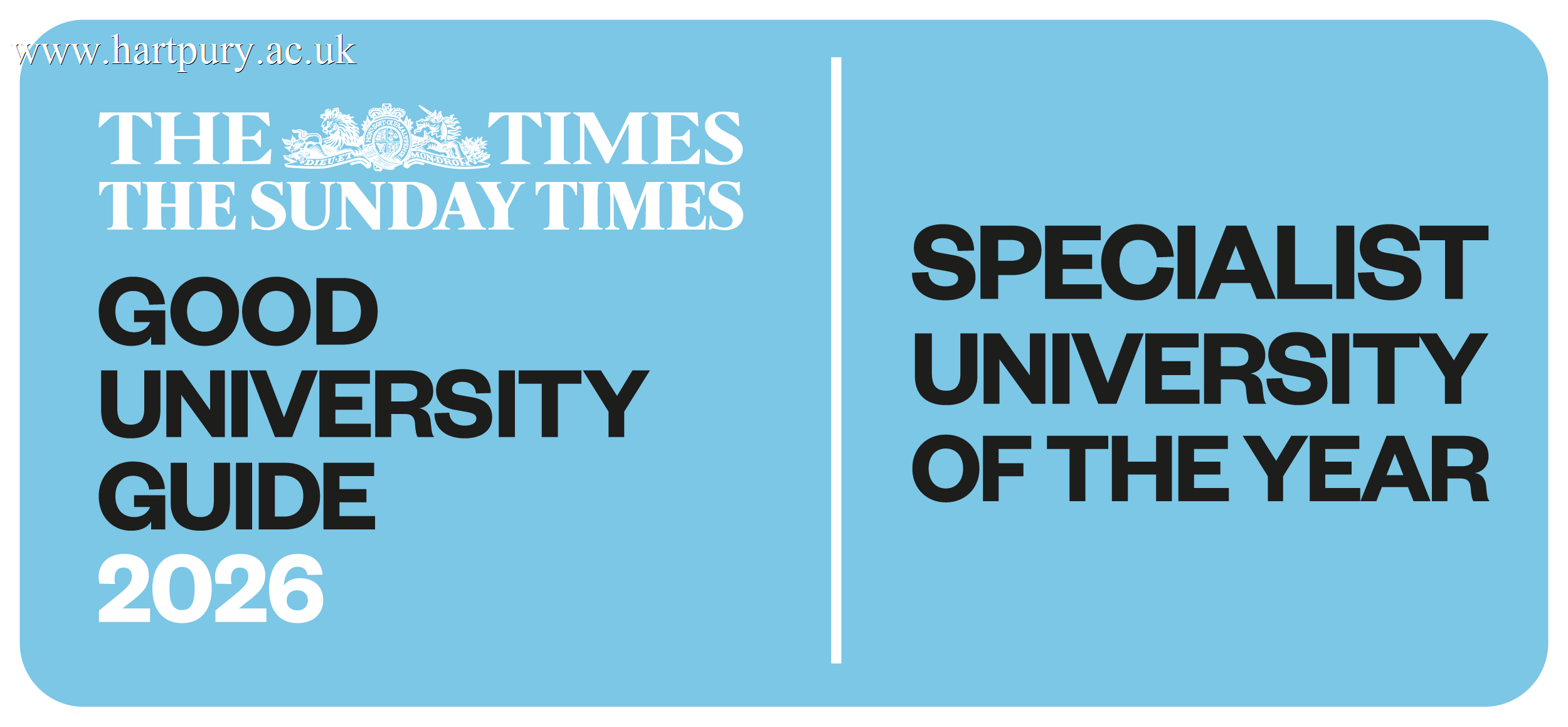 Logo representing Hartpury University winning the Specialist University of the Year award in The Times and The Sunday Times Good University Guide, 2026